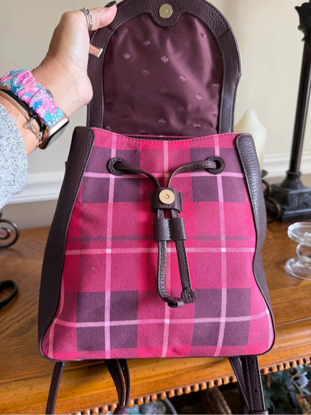kate spade Leila red and black plaid Backpack with leather trim Near new - Picture 8 of 14